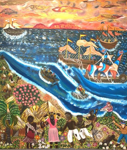 Pintura de Ayde Rodríguez López con embarcaciones llegando por mar, labores comunitarias y escenas de vida afrodescendiente en la costa.