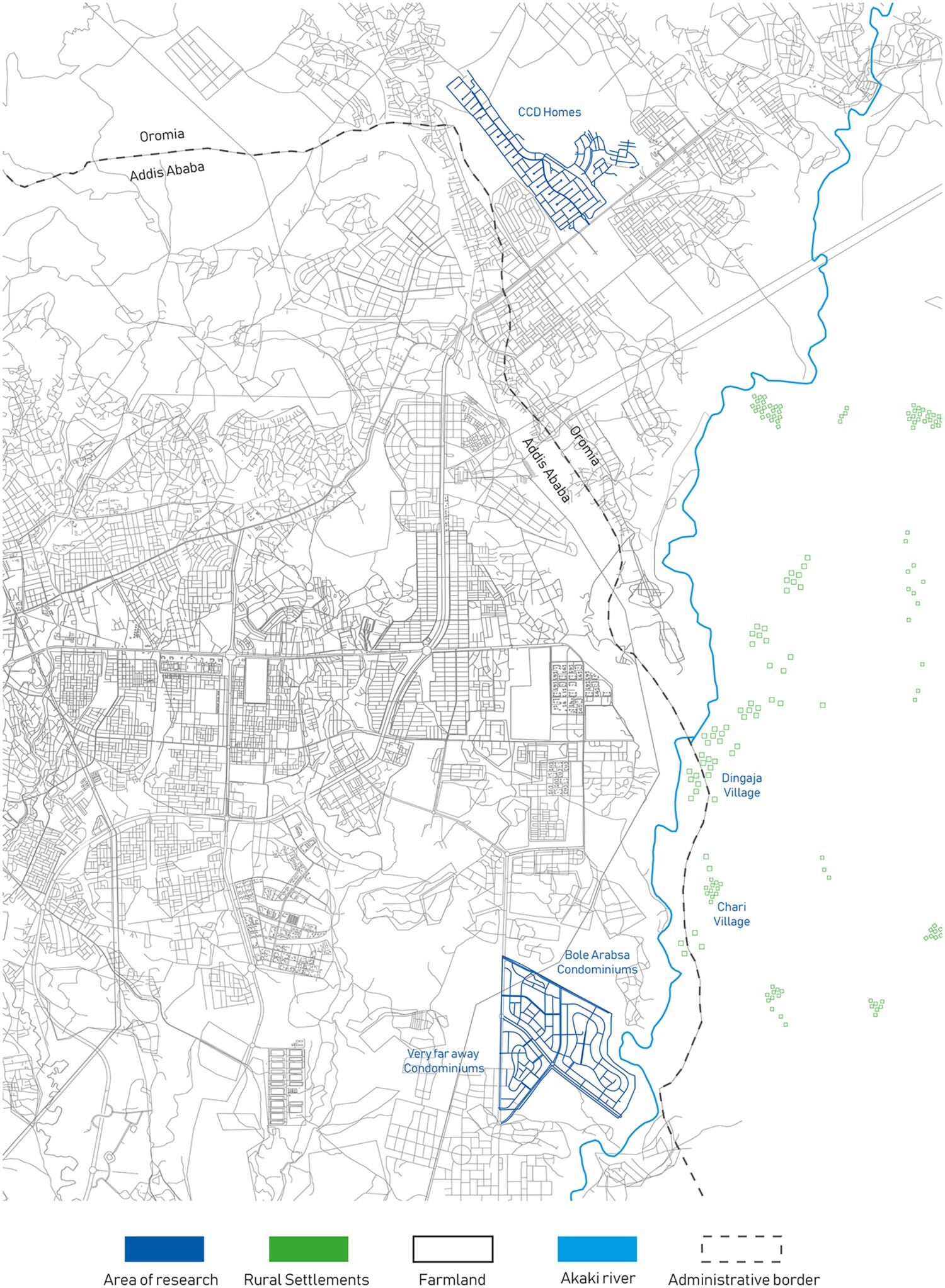 Figure 1: Map of research areas: three districts in Oromio farmlands.