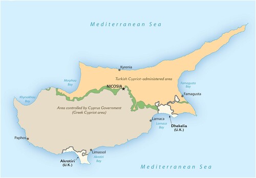Figure 3: Map of Cyprus showing the ‘green line’ buffer zone and UK military bases.